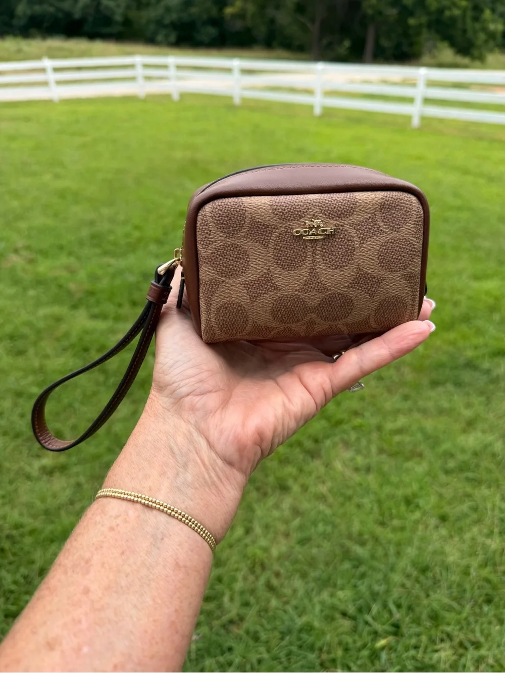 Coach Brown Signature Canvas Wristlet with Gold Hardware